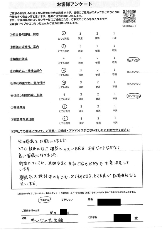 思い出の里会館にて一日葬　東京都台東区のお客様より葬儀後のアンケートいただきました
