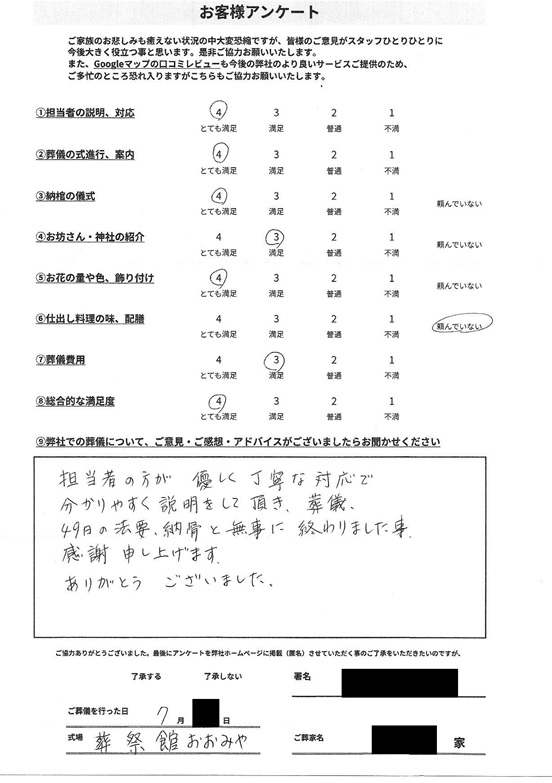 葬祭館おおみやにて一日葬 さいたま市浦和区北浦和のお客様より葬儀後のアンケートいただきました