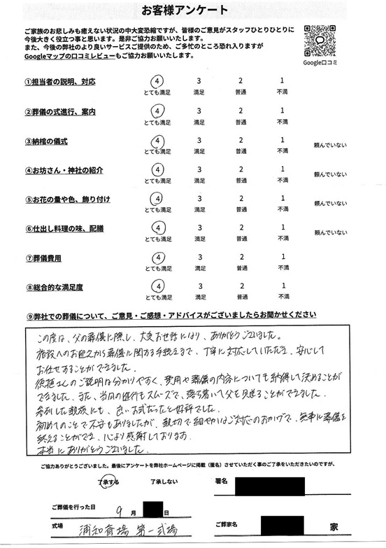 浦和斎場にて一日葬 さいたま市北区日進町のお客様より葬儀後のアンケートいただきました