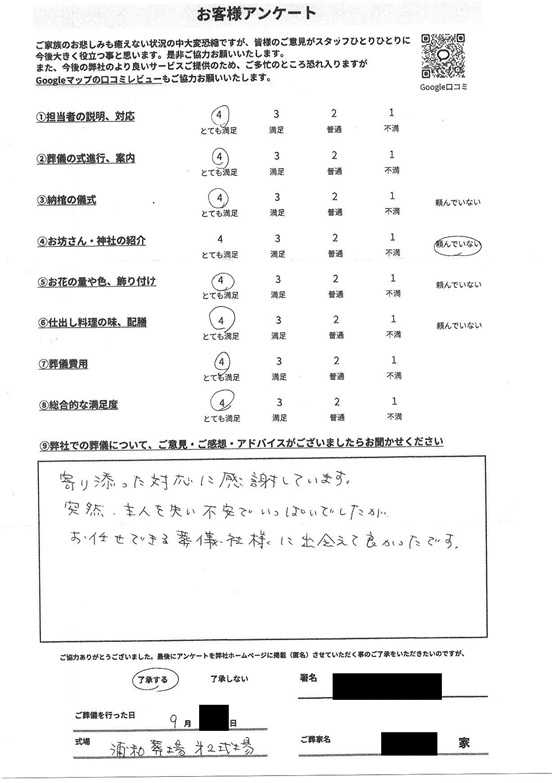 浦和斎場にて通夜,告別式 さいたま市西区指扇のお客様より葬儀後のアンケートいただきました